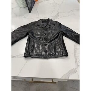 Vintage GAP Jacket kids Medium Black Genuine Leather Button Front Trucker 00s